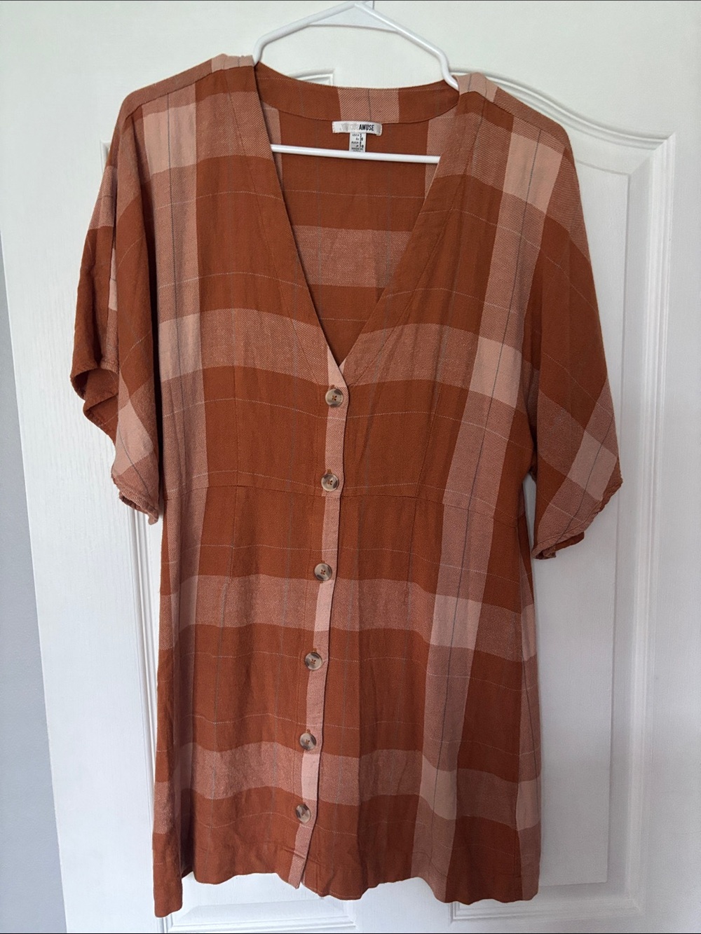 Checked V-Neck Button-Front Mini Dress - Rust/Pale Pink